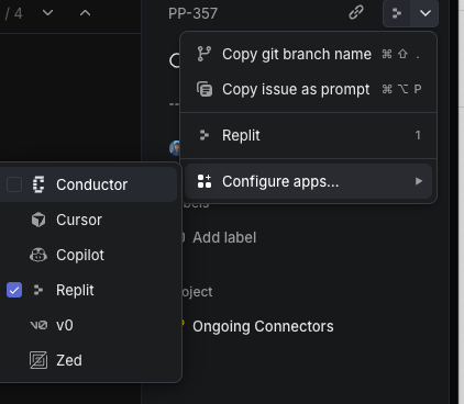 Linear Connector configuration menu showing Replit integration options