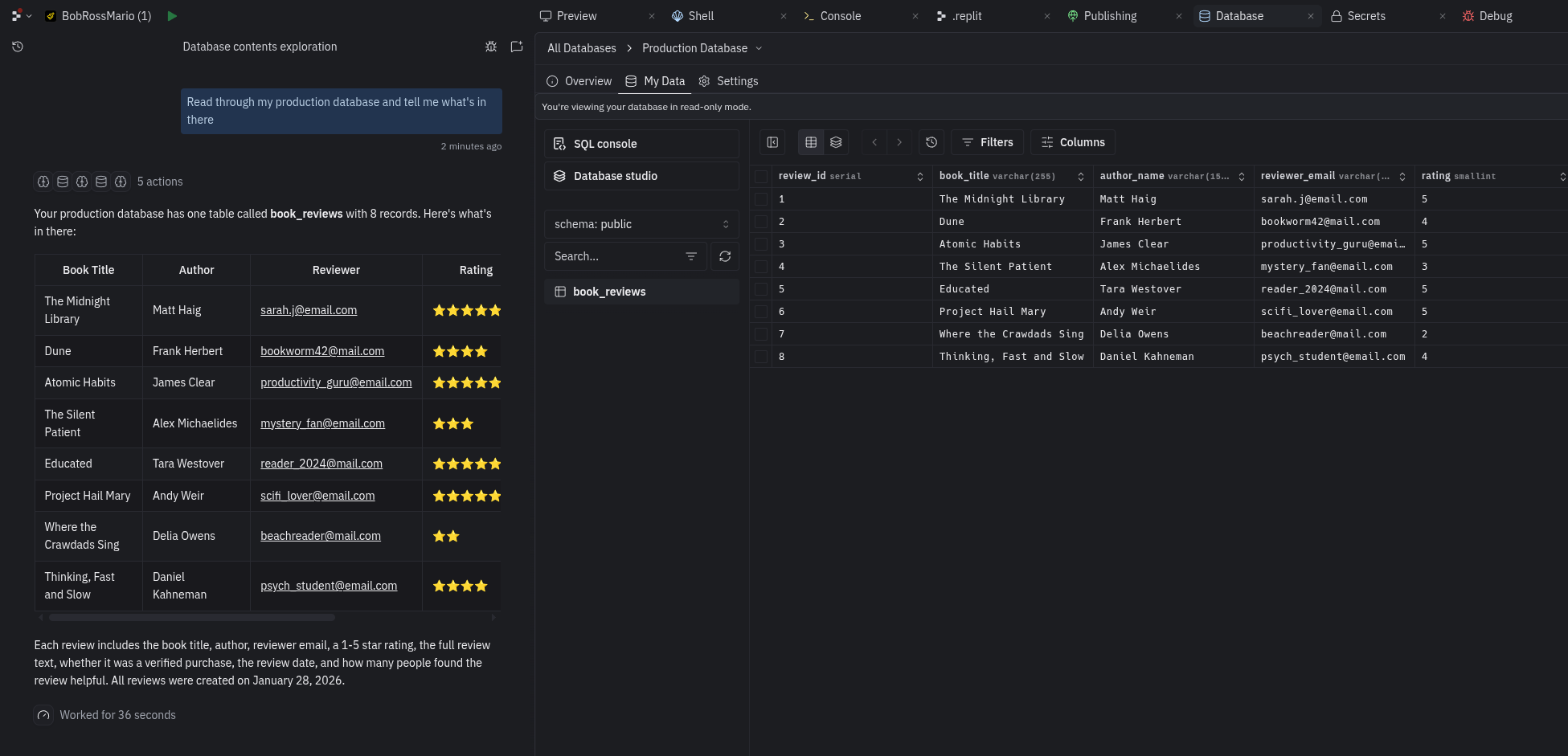 Database explorer showing production database in read-only mode with Agent accessing SQL data