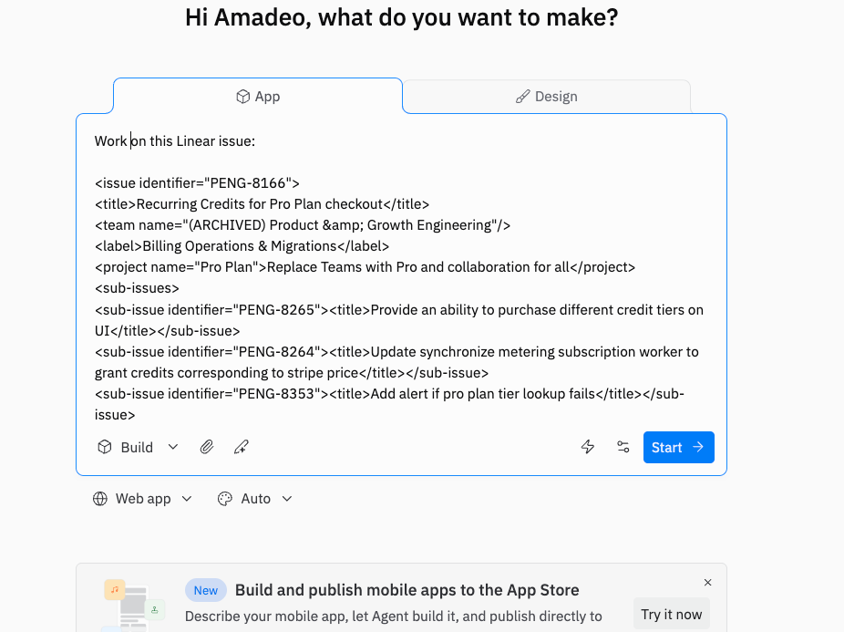 Replit workspace with Linear issue details automatically filled in the prompt