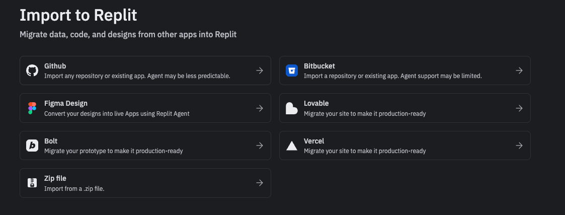 Import to Replit screen showing Bitbucket as an available import source