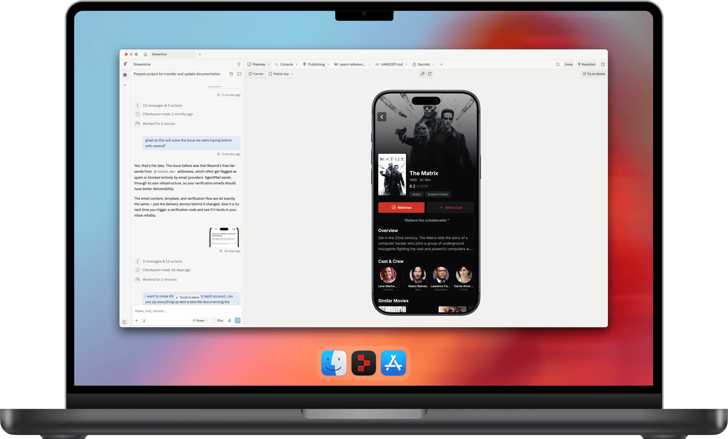 The redesigned Replit Desktop App showing a project open in the workspace, with Agent in a side panel and tab previews across the top of the window