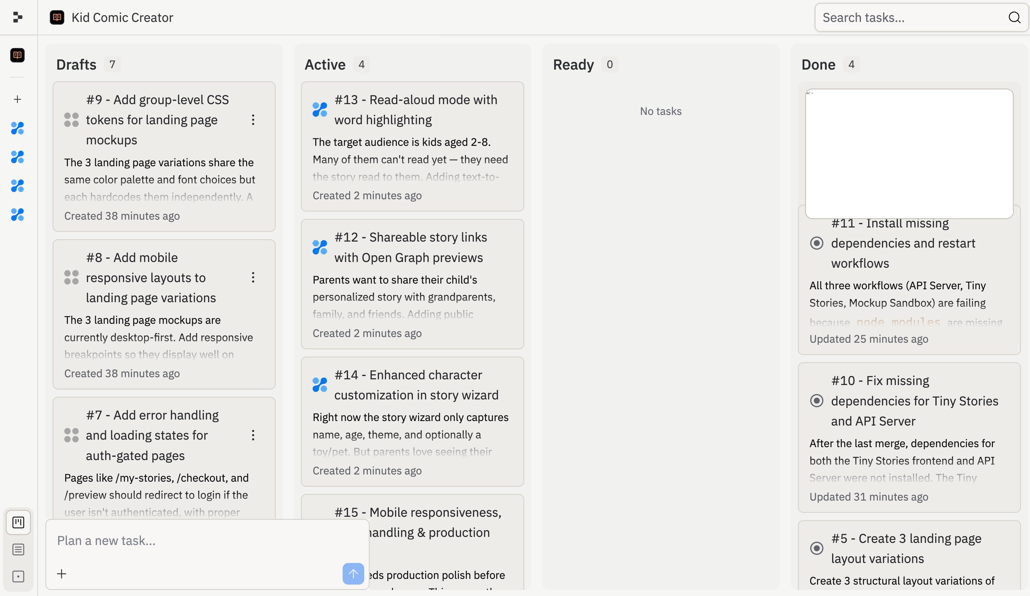 Board view showing tasks organized in Drafts, Active, Ready, and Done columns
