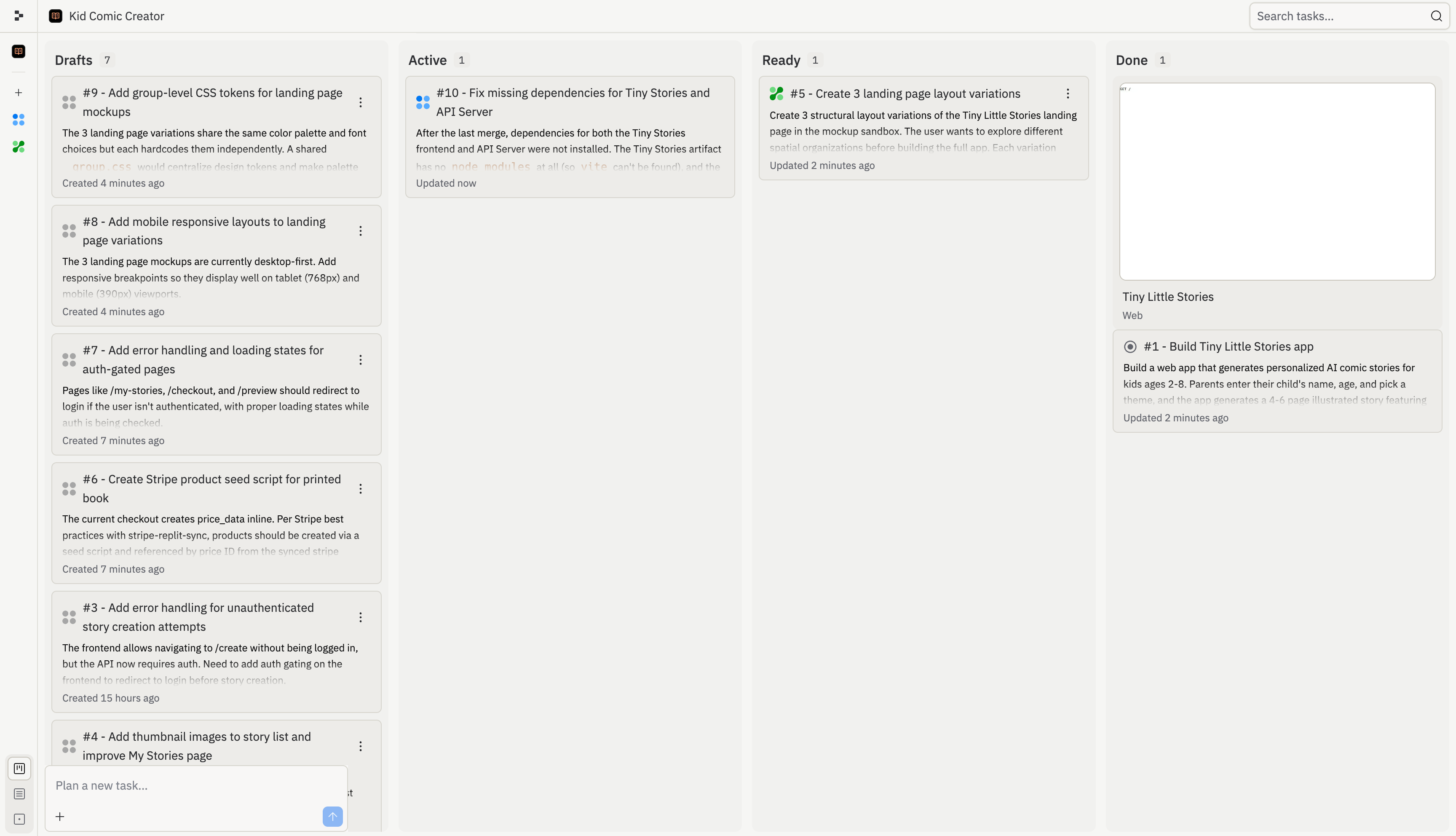 Task board showing tasks organized in Drafts, Active, Ready, and Done columns
