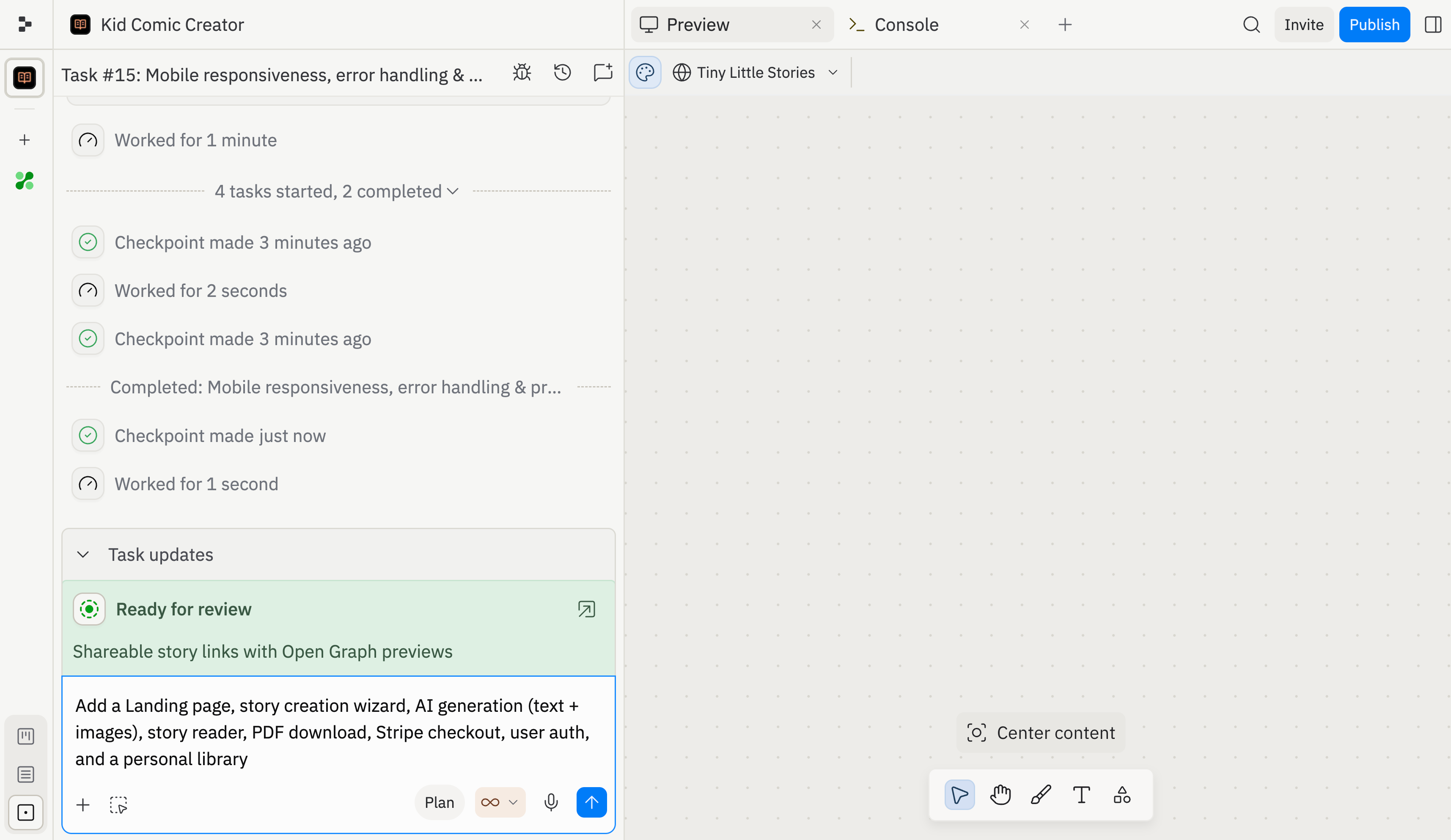 Describing what to build in the main thread, with Agent proposing and running tasks
