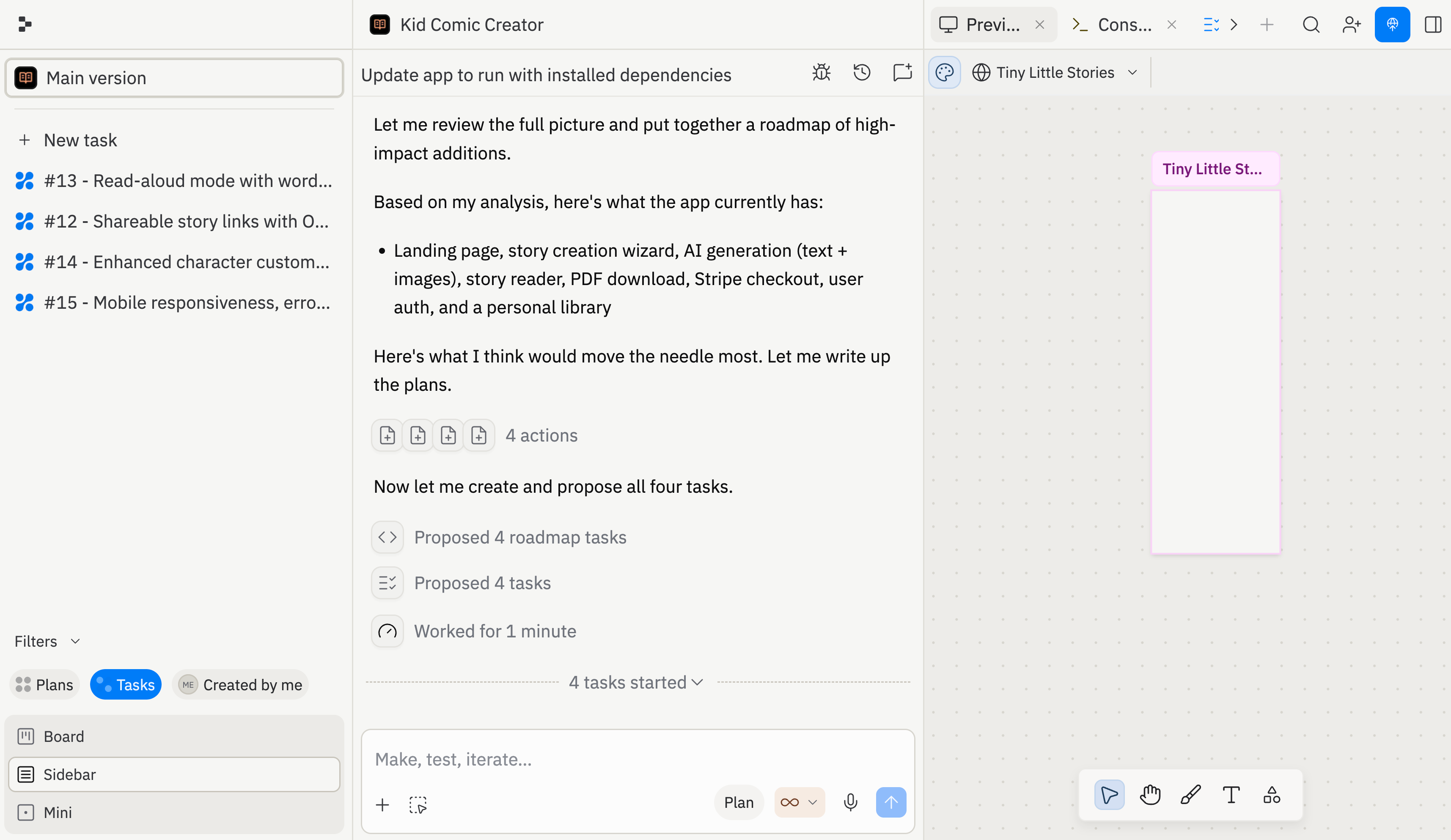 Thread view showing multiple tasks running in parallel with status indicators
