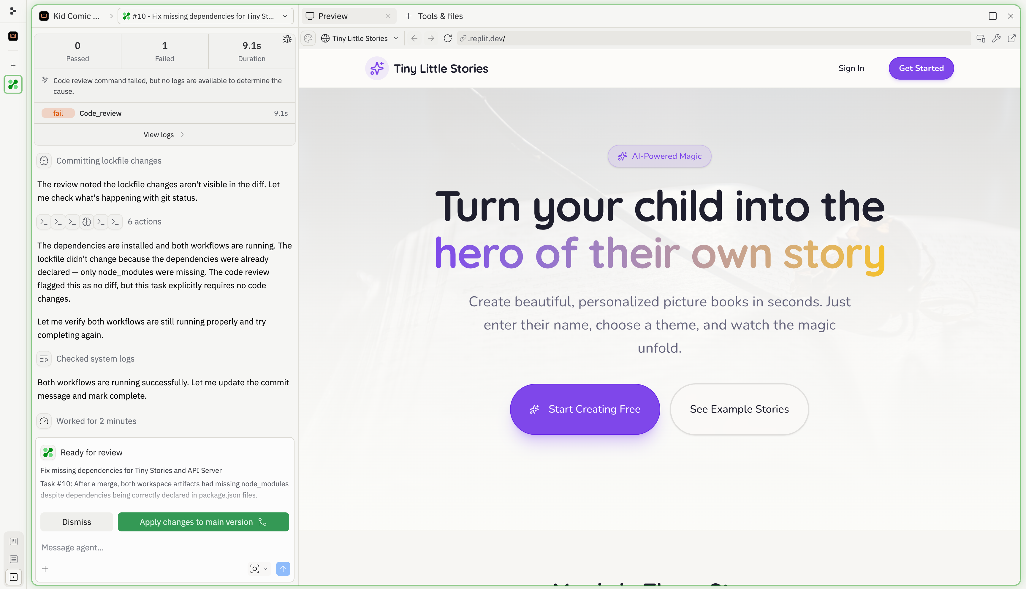 Task review screen showing Agent's work log, test results, and Apply changes button