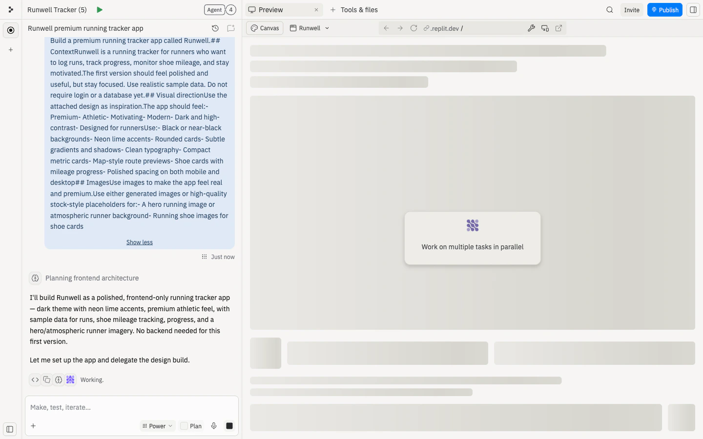 Agent mid-build โ the chat panel shows the Runwell prompt and Agent's plan with a Planning frontend architecture status, while the right pane shows a placeholder before the preview is generated