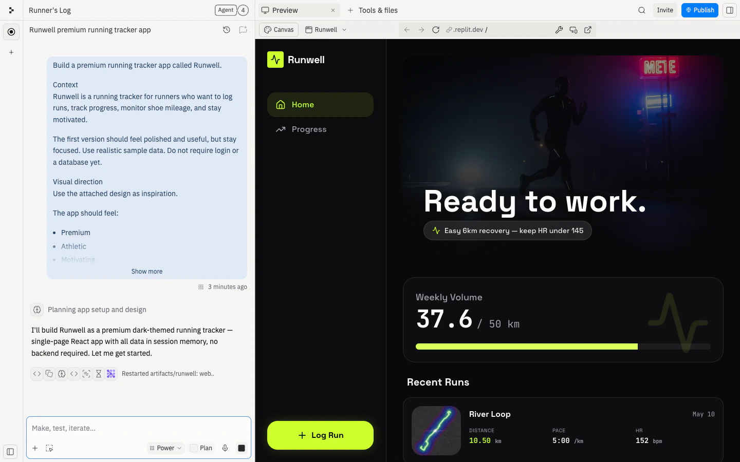 The Runwell app running in Preview, showing a dark theme with neon lime accents โ the Runwell logo, a Ready to work hero with a runner image, a weekly volume metric card with a lime progress bar, a Recent Runs list, and a Log Run button