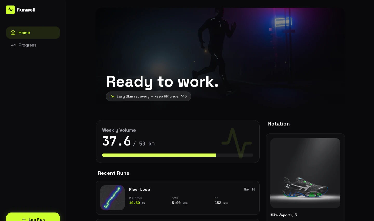 The published Runwell app open in a new browser tab โ the outcome of this guide: a shareable, premium running tracker