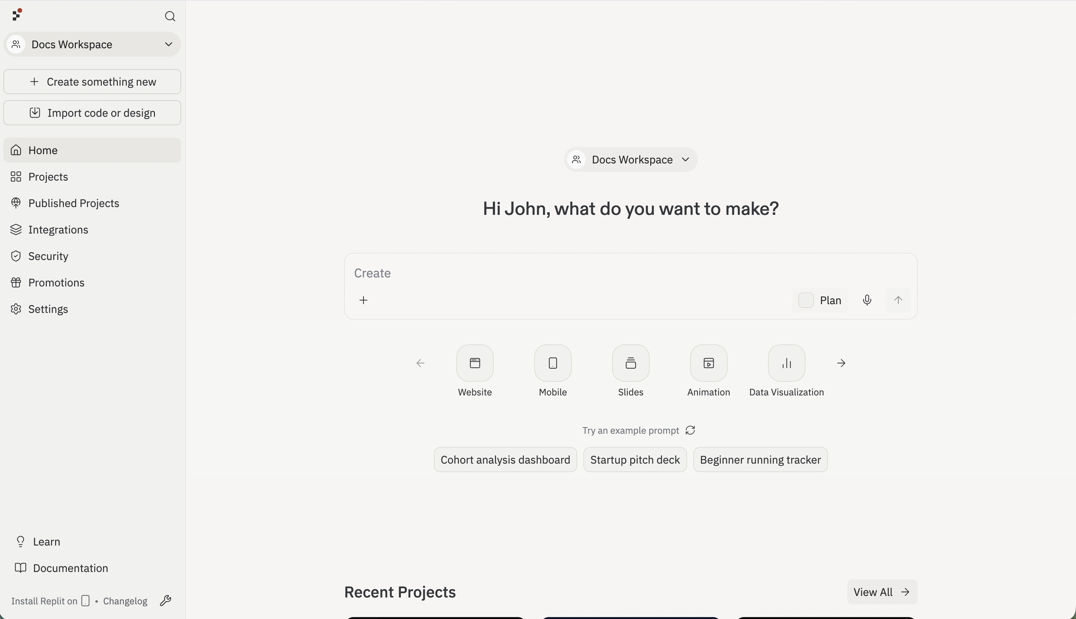 The Replit home screen with the Docs Workspace open, the 'Hi John, what do you want to make?' greeting, the Create prompt composer with a Plan toggle, artifact-type tiles (Website, Mobile, Slides, Animation, Data Visualization), and example prompts below