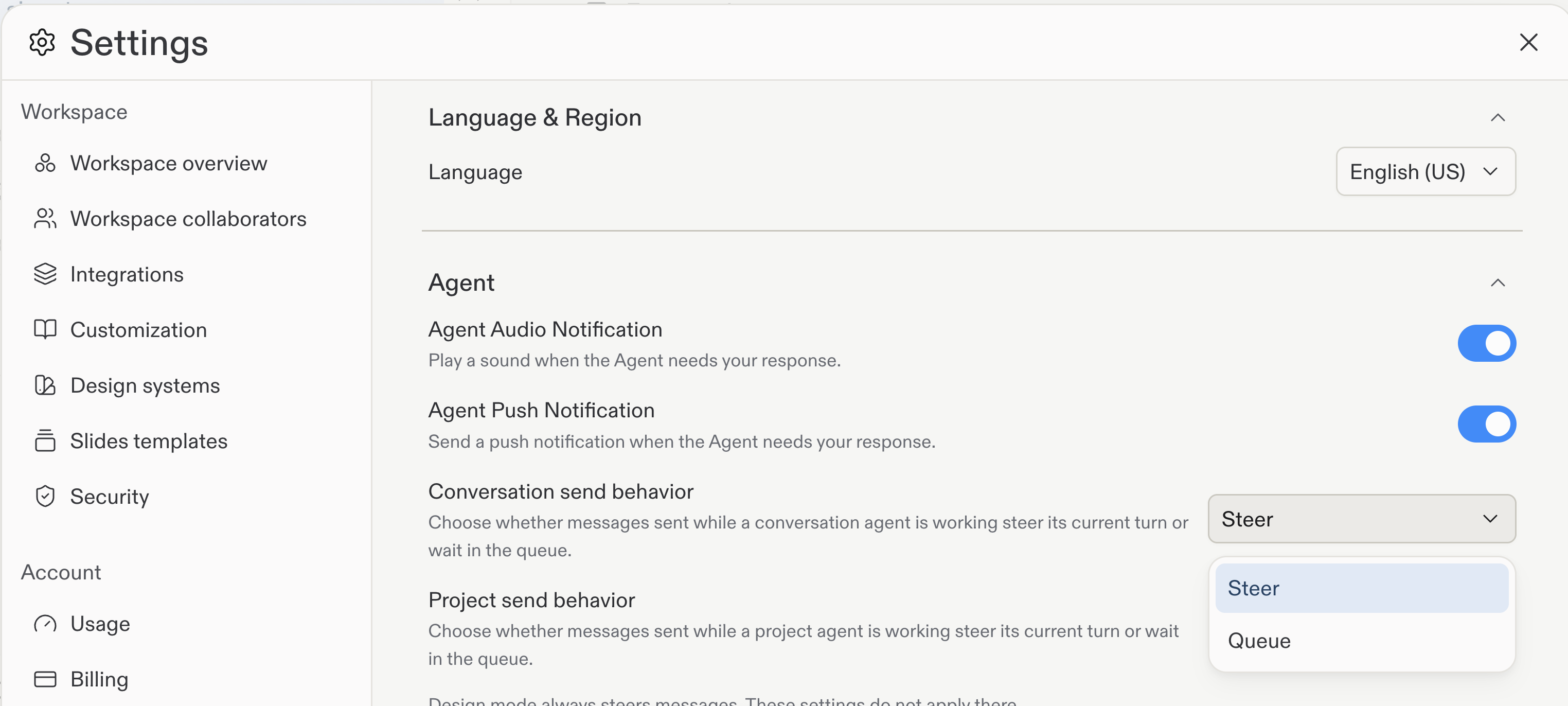 Agent settings showing Conversation and Project send behavior with Steer and Queue options