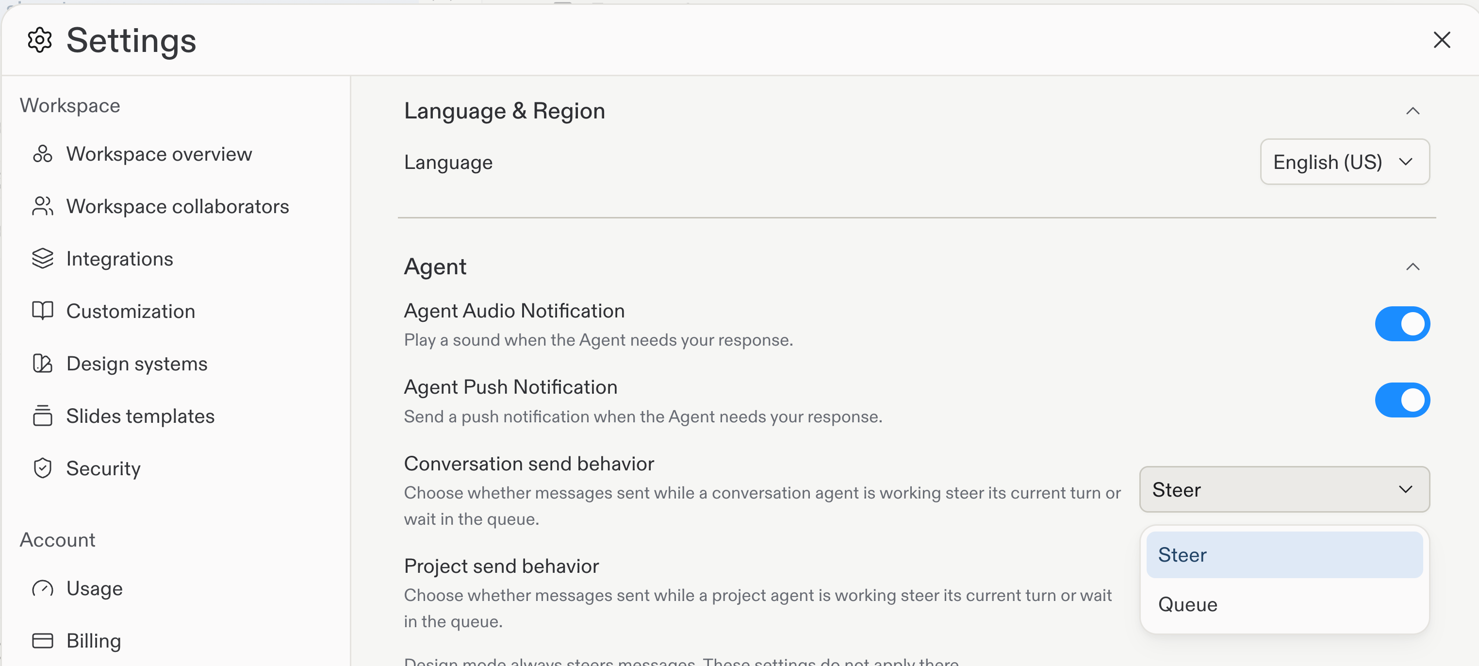 Agent settings showing Conversation and Project send behavior with Steer and Queue options