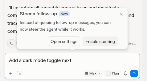 Steer a follow-up notice with Open settings and Enable steering actions