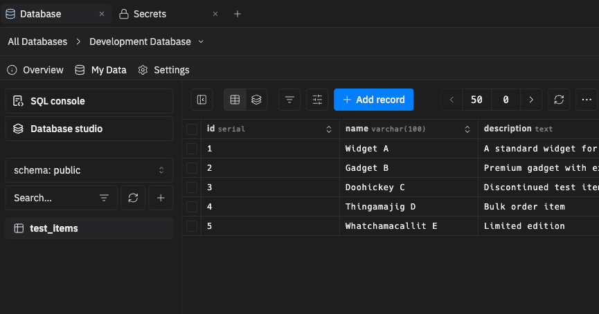Database l showing my data rows