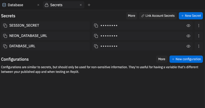 Secret panel showing DATABASE_URL