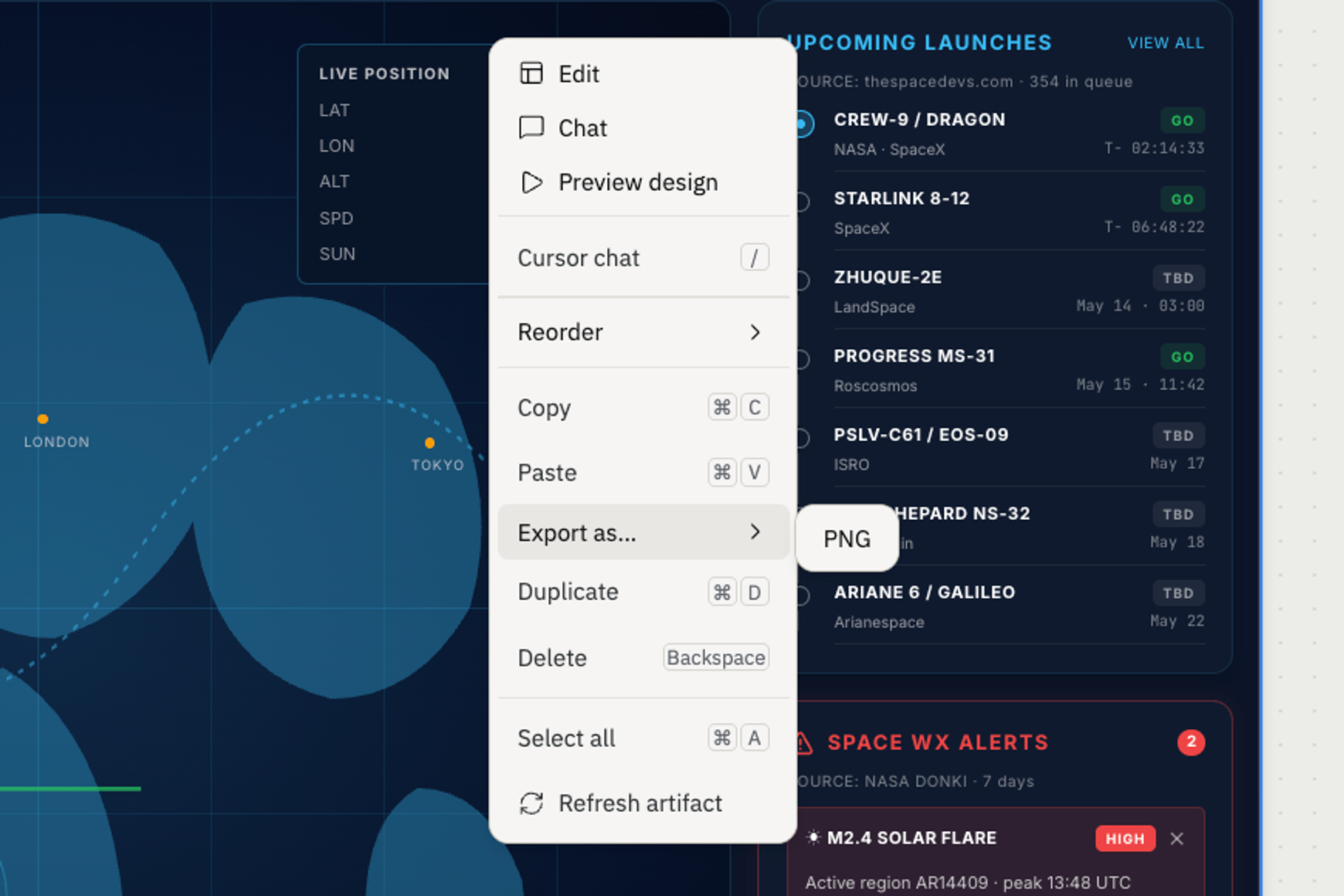 Canvas frame right-click context menu open with Export submenu showing PNG as the export option