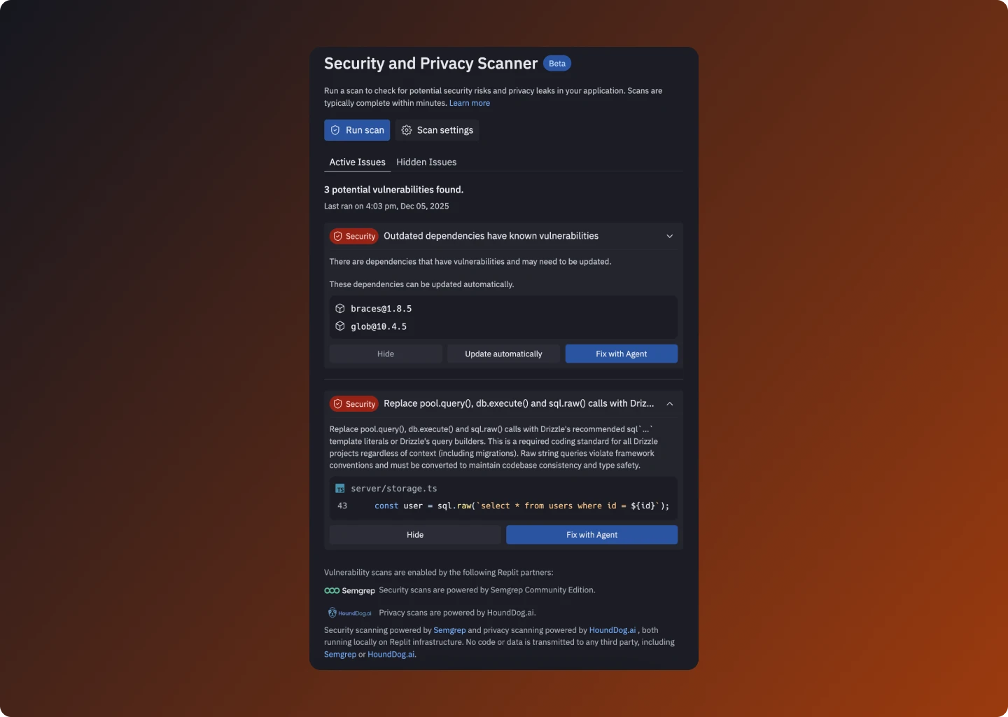 Security and Privacy Scanner interface showing vulnerability scan results