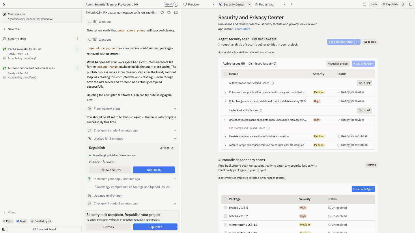 Volet Security Agent dans le Centre de sécurité du projet affichant une analyse complète avec cinq résultats organisés par gravité, chacun avec un statut comme « Prêt pour révision » ou « Prêt pour republication », et une section d'analyse automatique des dépendances en dessous listant les packages vulnérables