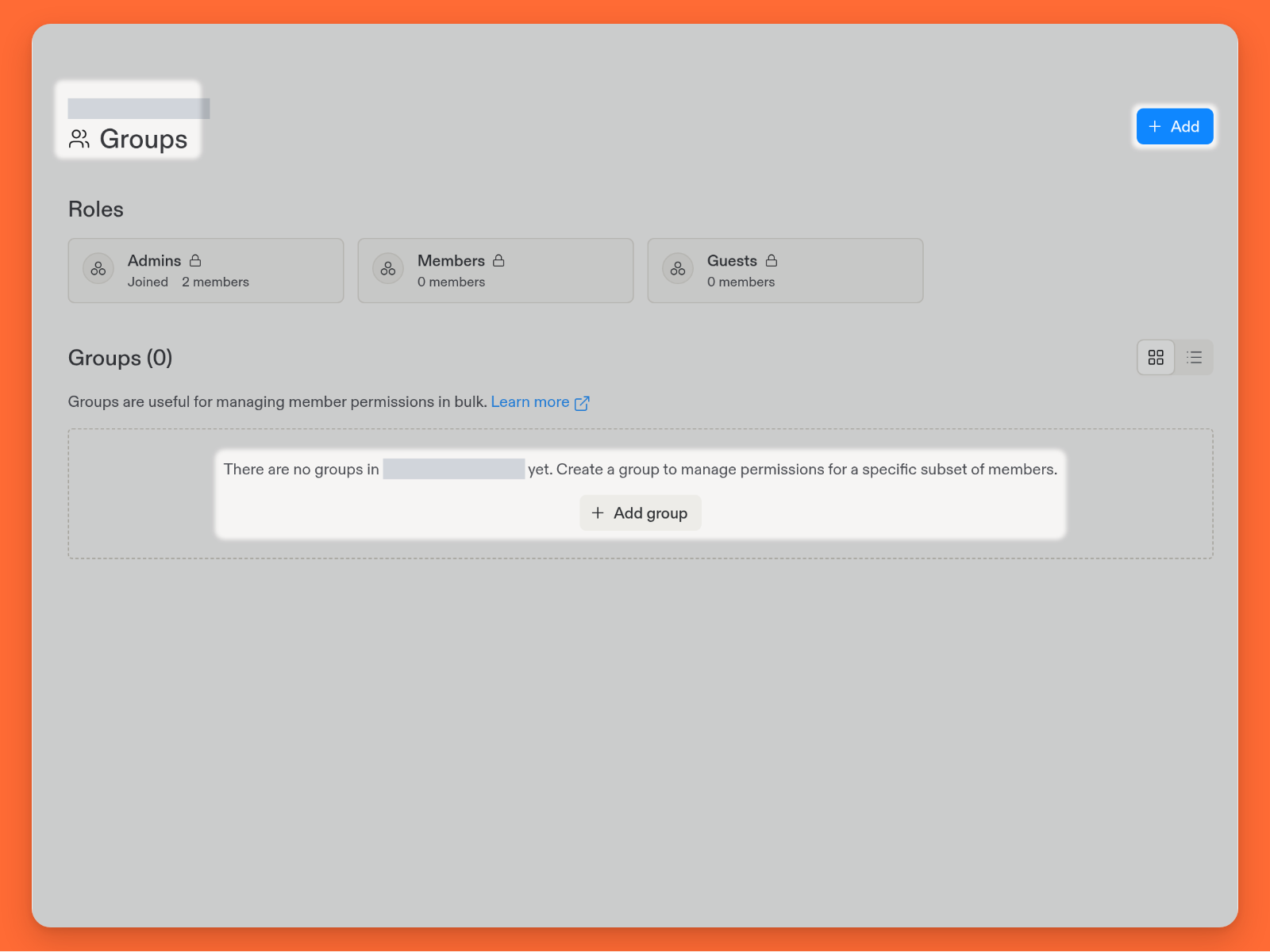 Página de Grupos com cartões de funções integradas, lista de grupos personalizados vazia e controles de Adicionar