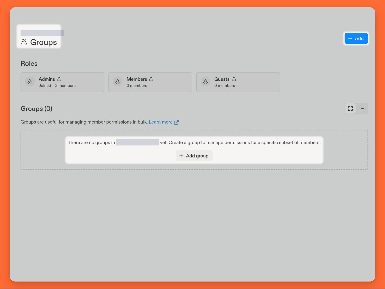 Página de Grupos com cartões de funções integradas, lista de grupos personalizados vazia e controles de Adicionar
