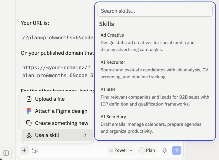 Skill picker opened from the + button next to the chat input, showing the Skills list with Ad Creative, AI Recruiter, AI SDR, and AI Secretary