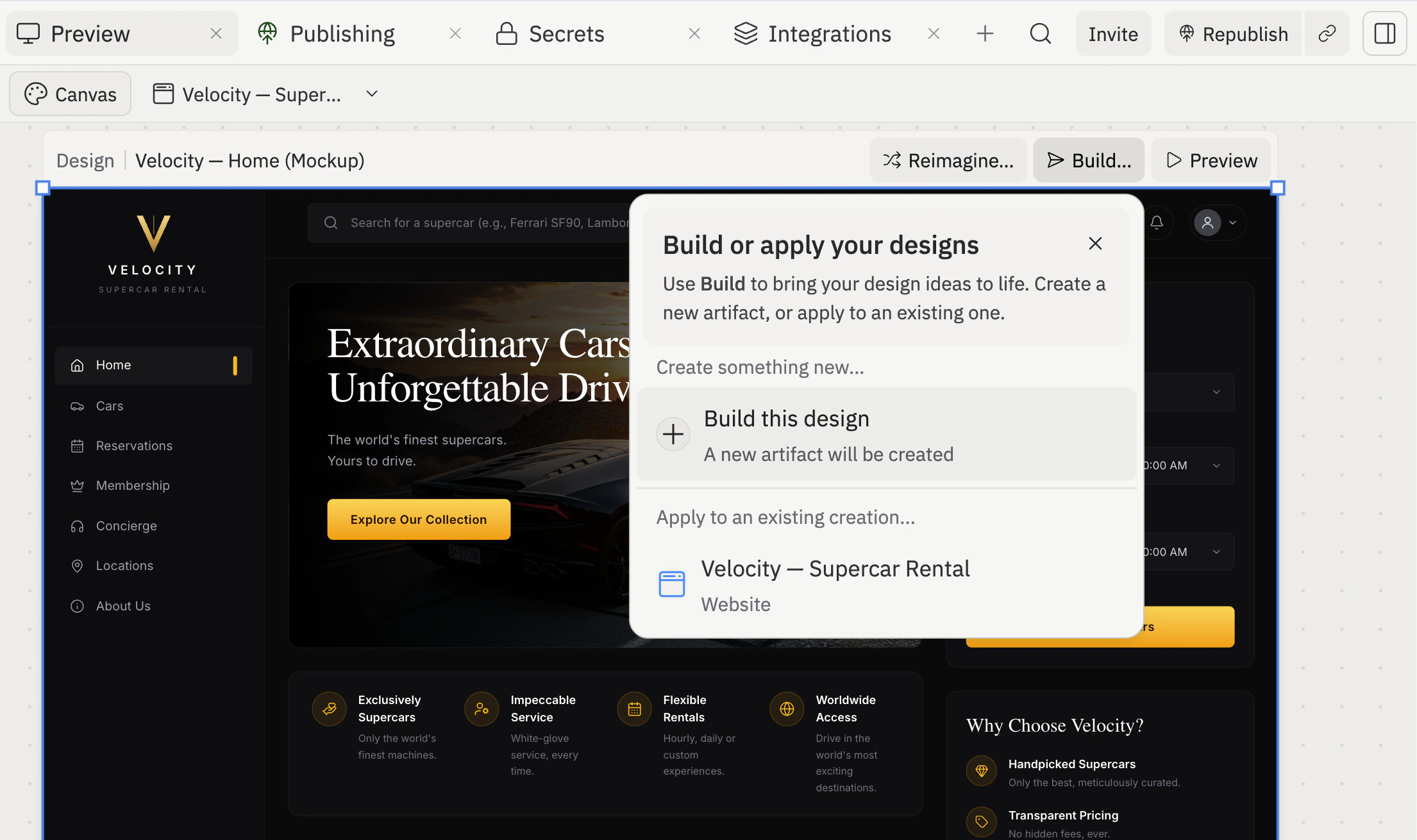 The Build or apply your designs dialog in Canvas, showing options to create a new artifact or apply the design to an existing creation.