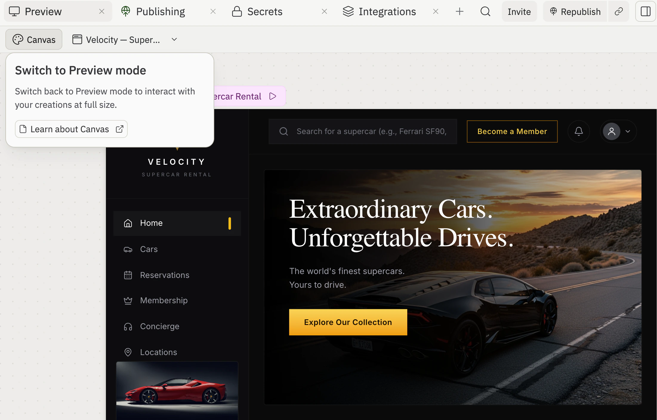 The Canvas and Preview toggle in the Workspace, with a tooltip explaining 'Switch back to Preview mode to interact with your creations at full size.'