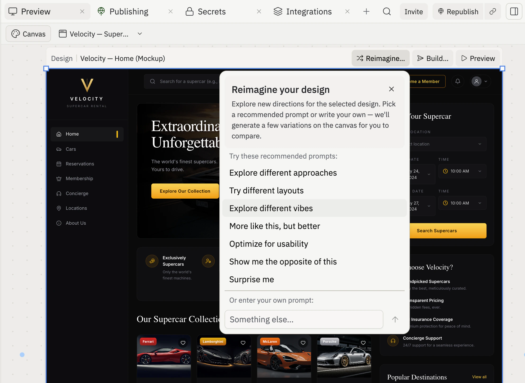 The Reimagine your design dialog in Canvas, showing recommended prompts such as 'Explore different approaches,' 'Try different layouts,' and 'Explore different vibes.'