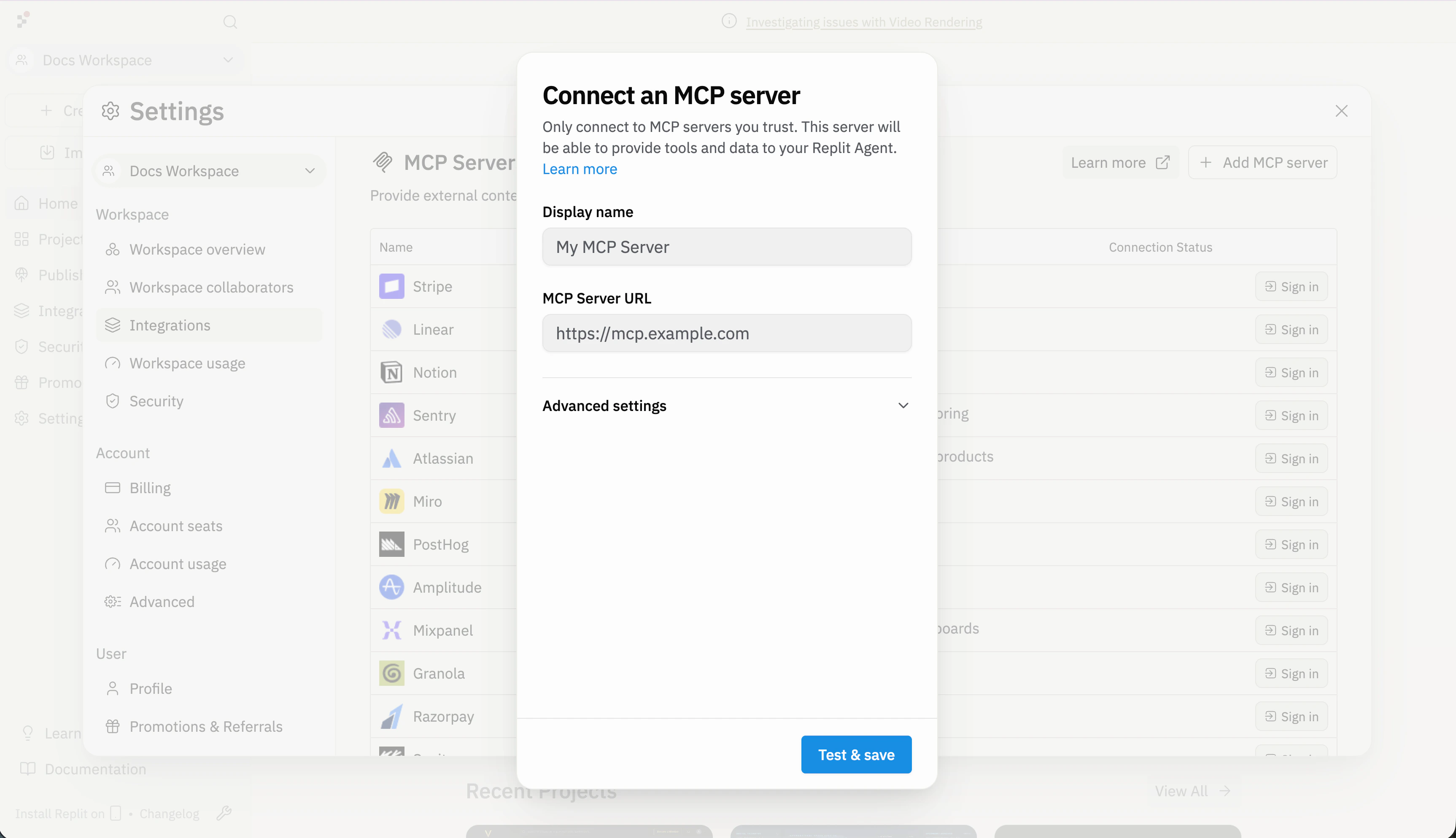 Connect an MCP server dialog showing Display name field, MCP Server URL field, and Advanced settings expandable section