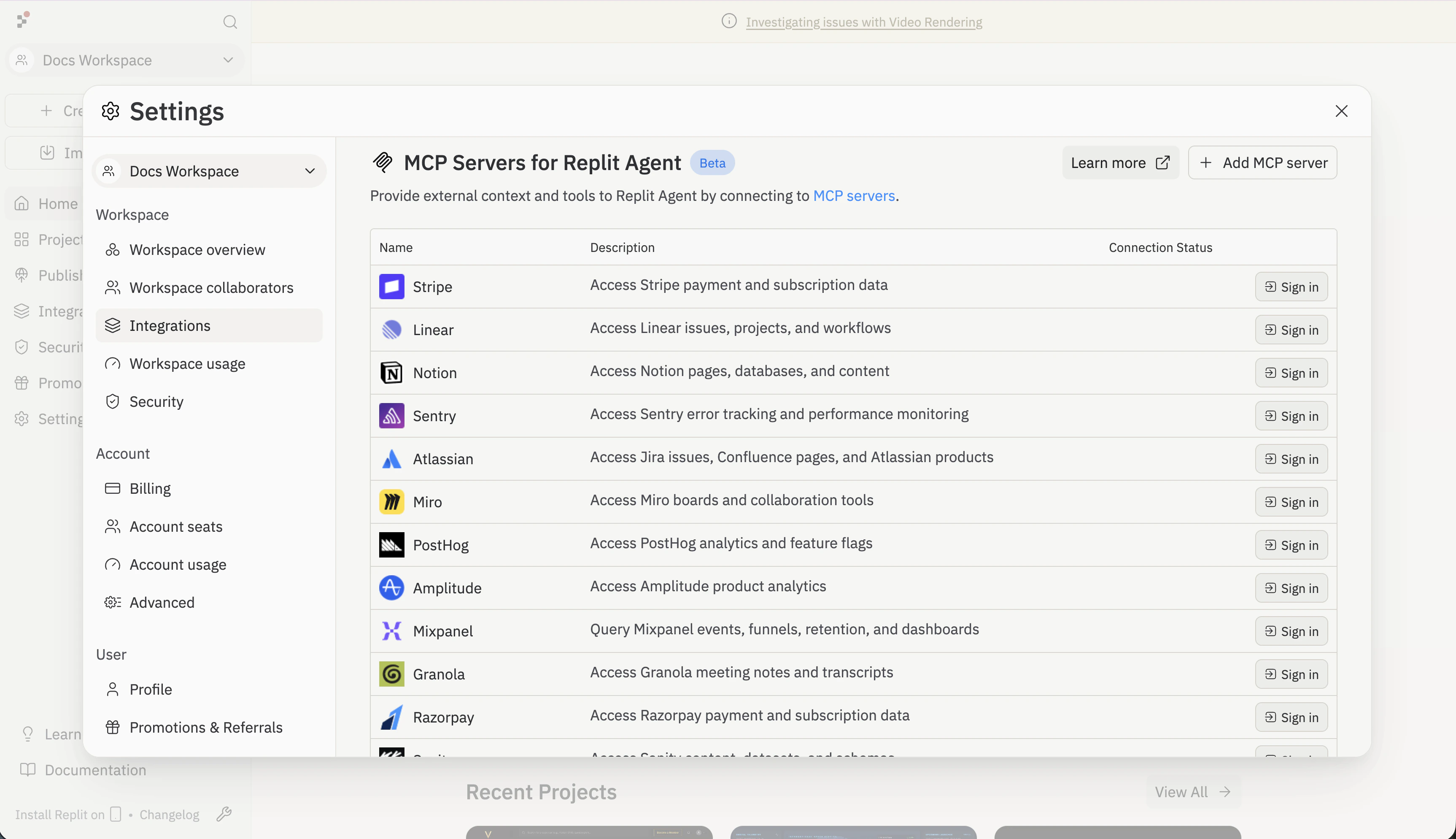MCP Servers for Replit Agent settings pane listing pre-listed servers including Stripe, Linear, Notion, Sentry, Atlassian, Miro, PostHog, Amplitude, Mixpanel, Granola, and Razorpay — each with a Sign in button