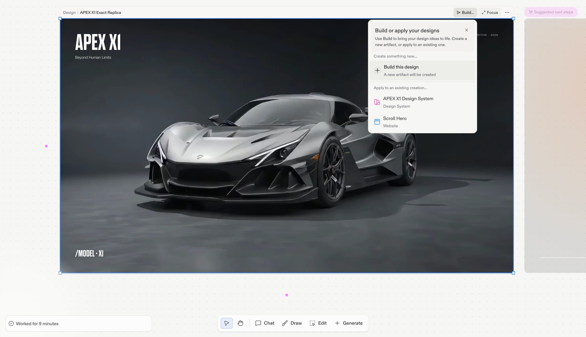 The Build menu open on a selected Design frame (APEX X1 Exact Replica) with the header 'Build or apply your designs', showing 'Build this design', which creates a new artifact, and 'Apply to an existing creation' listing the project's APEX X1 Design System and its Scroll Hero website