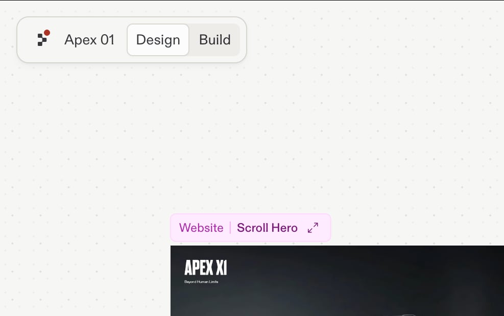 Close-up of a project header with the Design and Build toggle, Design selected, above frames on the canvas