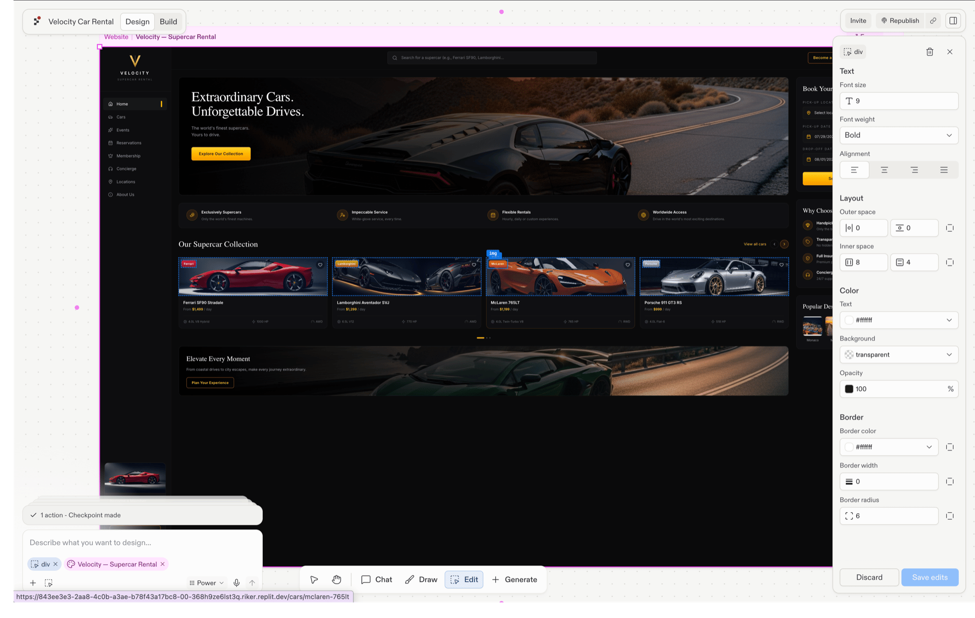 The Edit tool active on a supercar rental website with a div element selected, and the Visual Editor panel showing Text, Layout, Color, and Border controls plus Discard and Save edits buttons