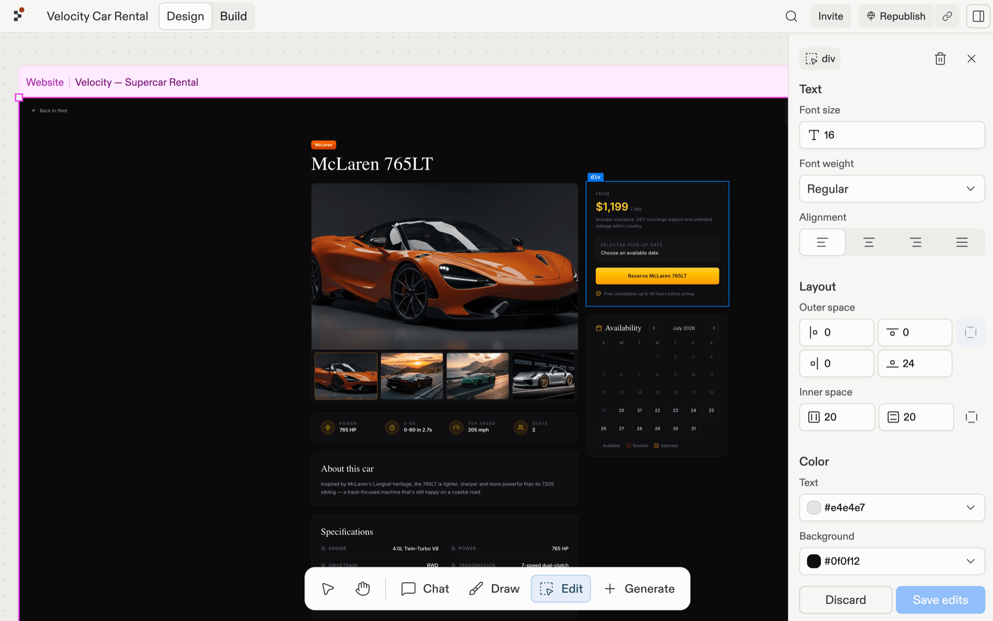 Canvas with a div element selected (the McLaren booking sidebar). The Visual Editor panel on the right shows Text (Font size 16, Font weight Regular, Alignment), Layout (Outer space with a 24px bottom value, Inner space 20/20 with link toggles), and Color (Text #e4e4e7, Background #0f0f12) sections.