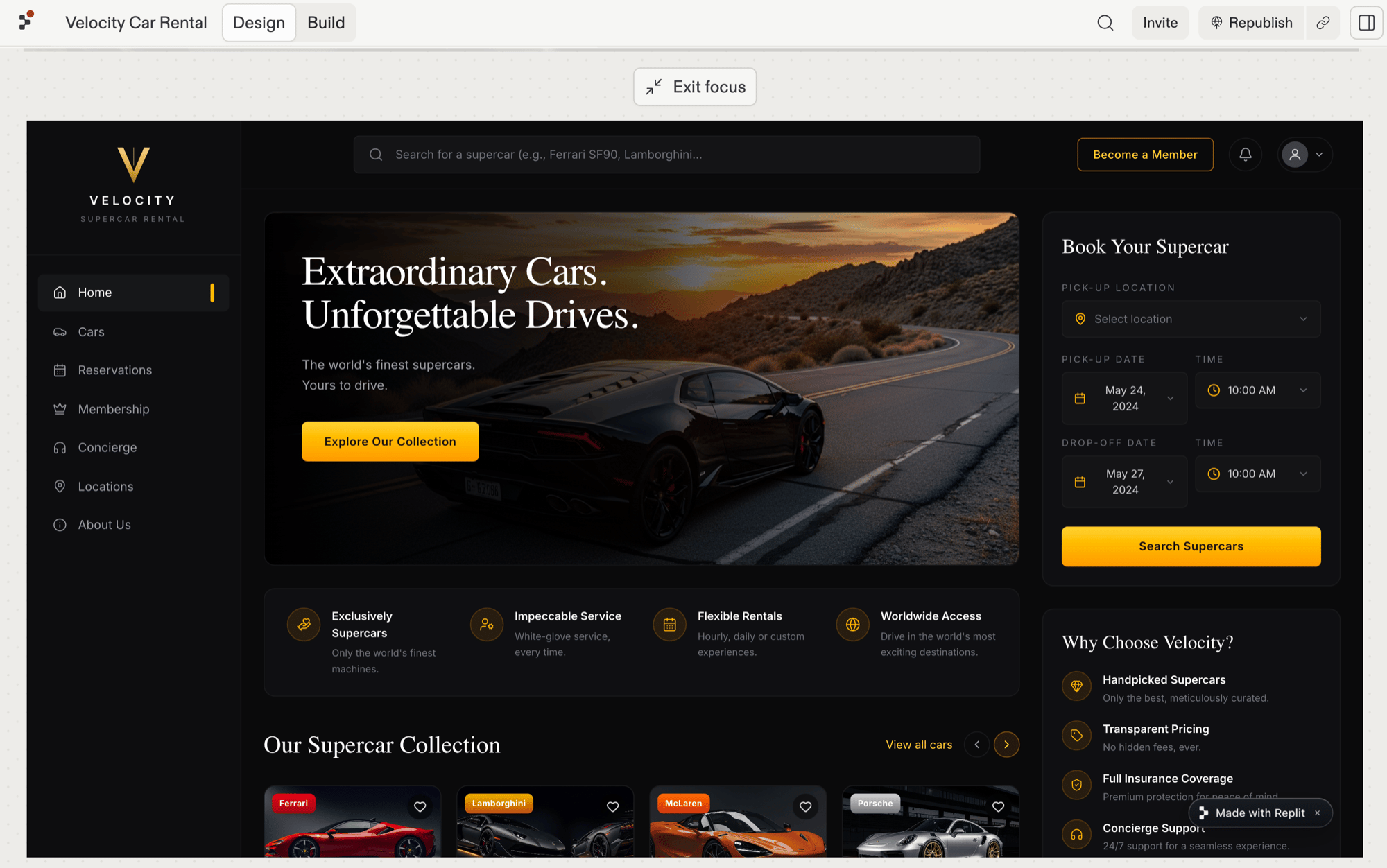 A Website frame in focus mode filling the view with the Velocity supercar rental home page, and an Exit focus button at the top of the board.