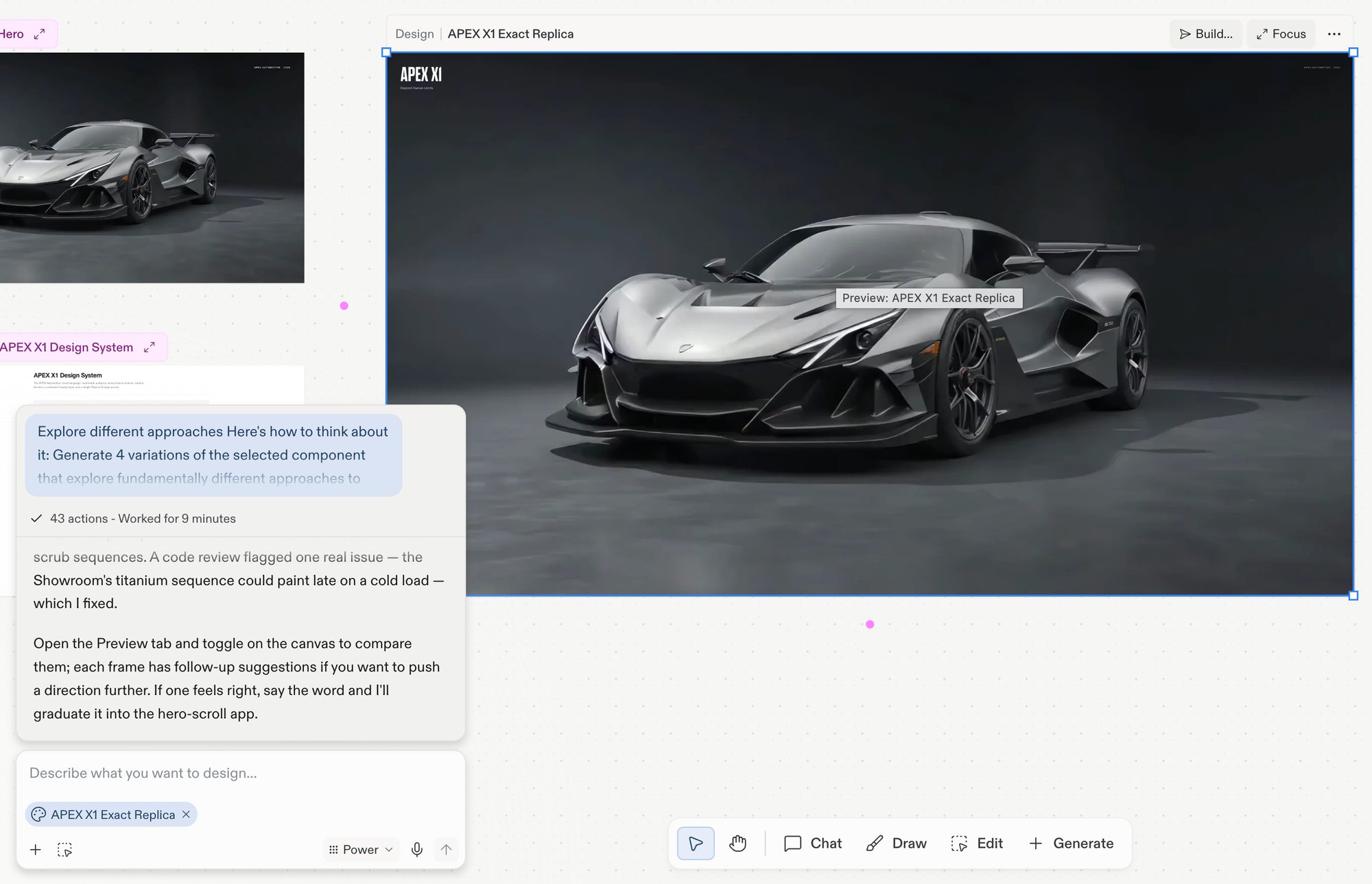 Canvas with an APEX X1 Design frame selected, showing the per-frame action bar across the top with the kind label and the Build, Focus, and more-options actions, the frame attached as a chip in the chat prompt box