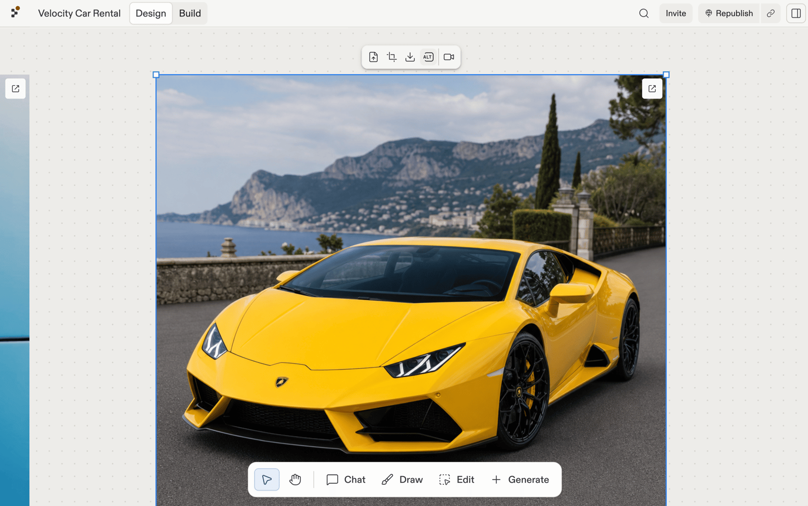 A selected image frame of a yellow supercar on Canvas with its floating action bar above, showing Replace media, Crop, Download, Alt text, and Generate video controls.