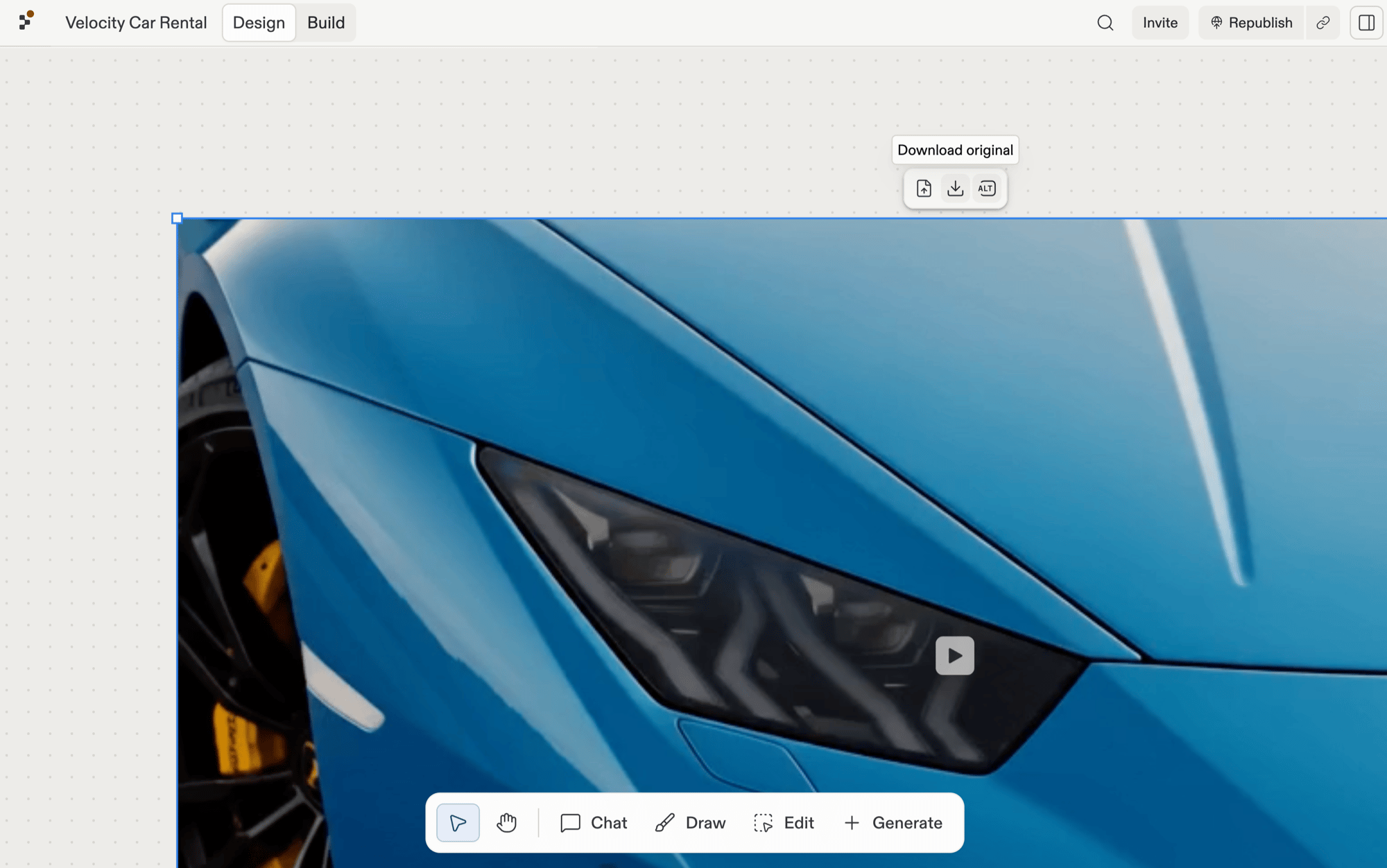 A selected video frame of a blue supercar on Canvas with its floating action bar above, showing Replace media, Download (with a tooltip reading 'Download original'), and Alt text controls.