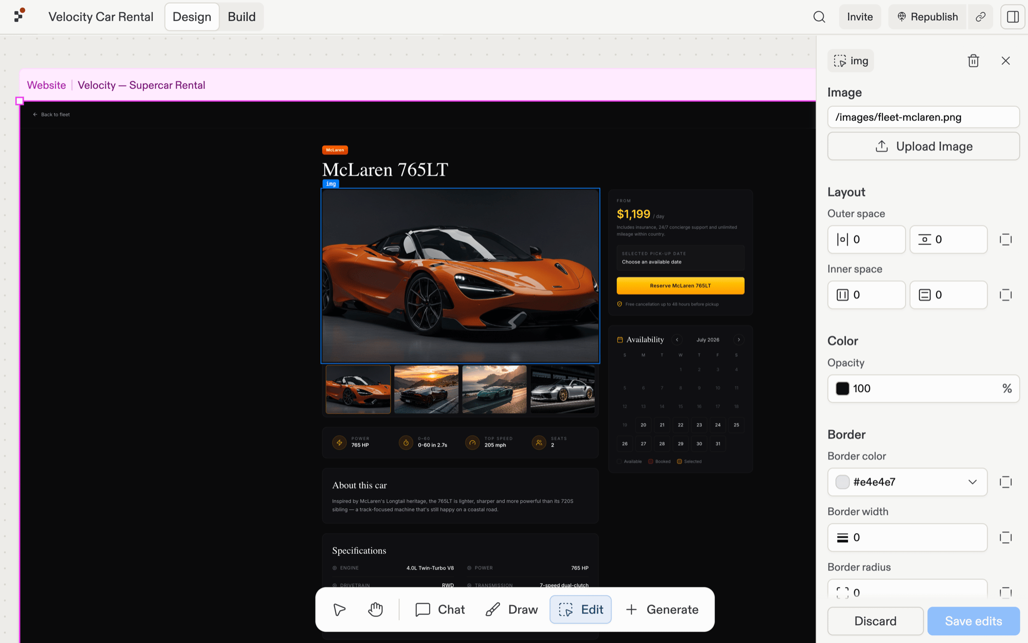 A McLaren 765LT detail page in a Website frame with the McLaren image element selected (highlighted in blue with an 'img' chip). The Visual Editor panel is open, showing the Image source path, an Upload Image button, and Layout, Color, and Border sections.