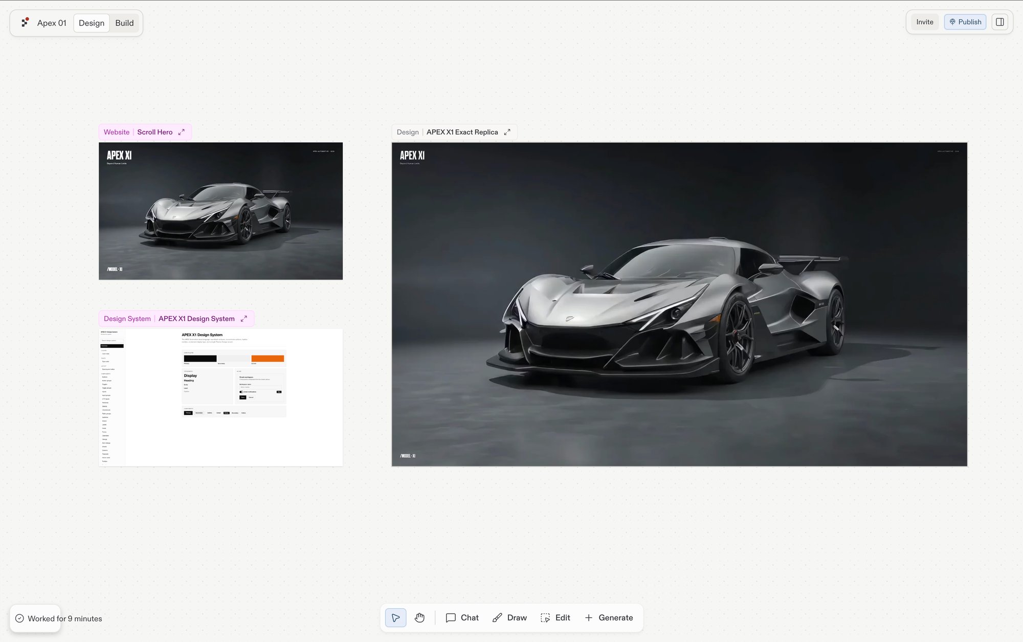 Canvas with three frames laid out on the board: a Website (Scroll Hero), an APEX X1 Design System, and a Design mockup of the APEX X1 supercar, with the floating toolbar (Chat, Draw, Edit, Generate) at the bottom