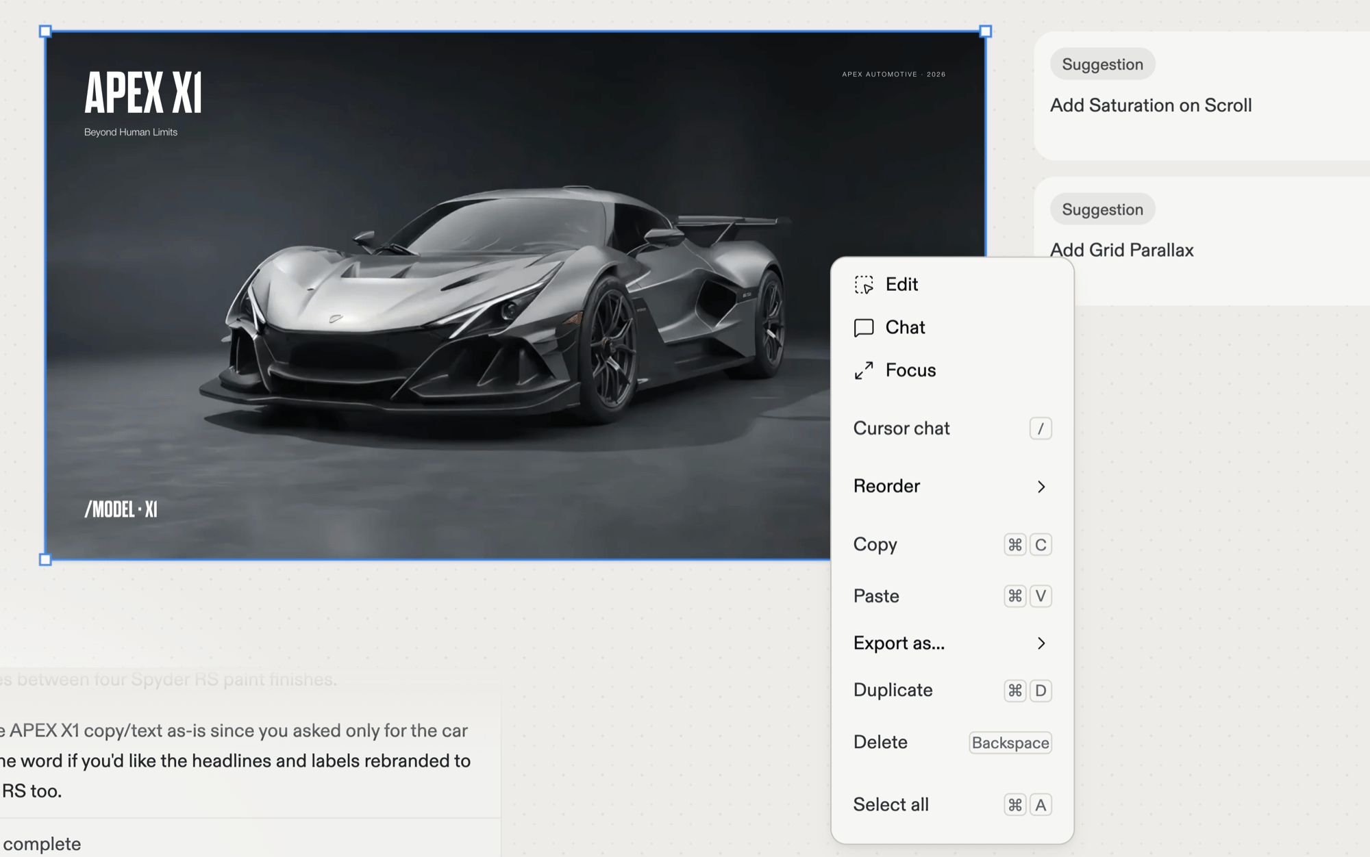 The right-click menu open on a selected Design frame showing a gray Apex X1 supercar, with Edit, Chat, Focus, Cursor chat, Reorder, Copy, Paste, Export as…, Duplicate, Delete, and Select all actions.