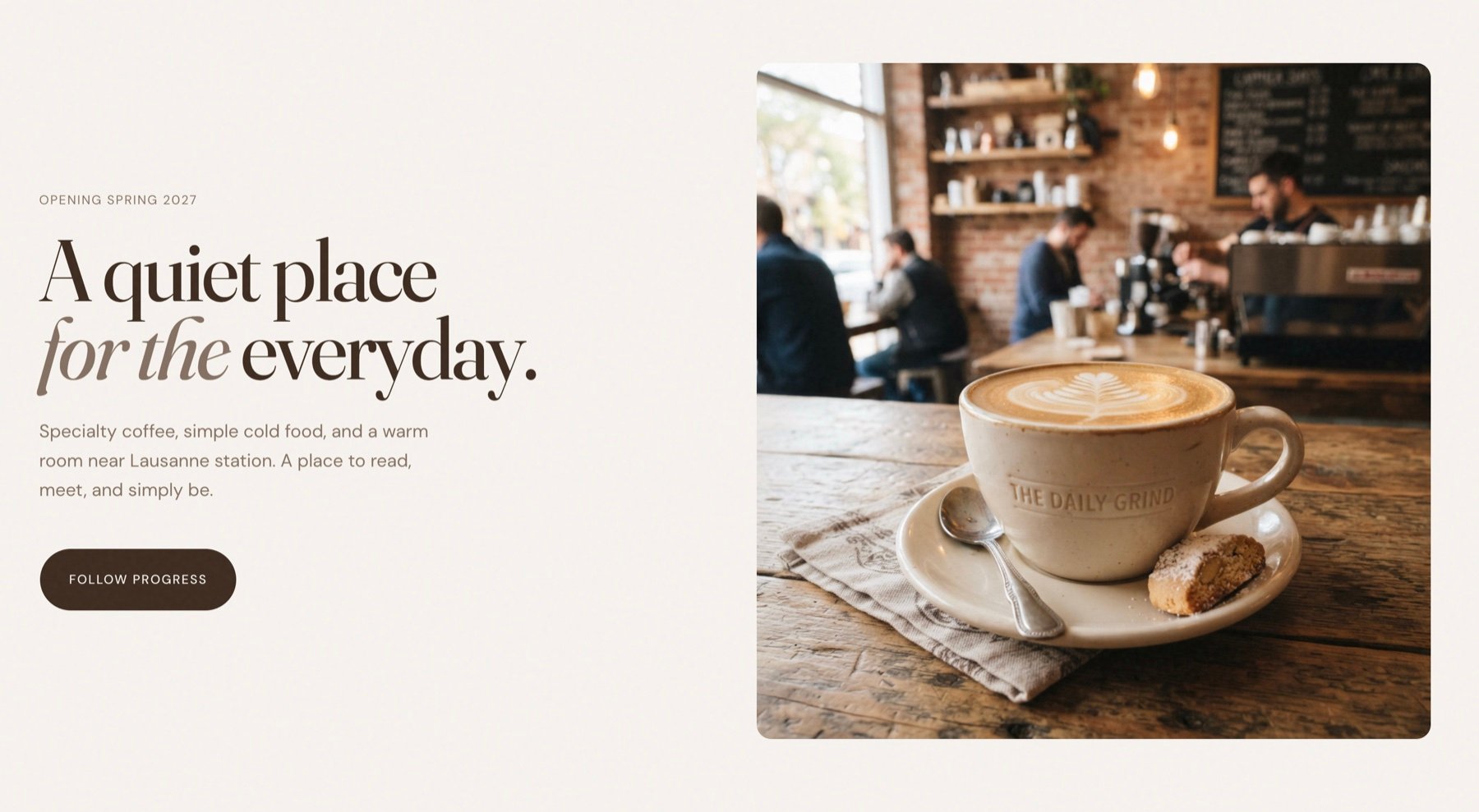 Coffee shop opening site with the headline A quiet place for the everyday