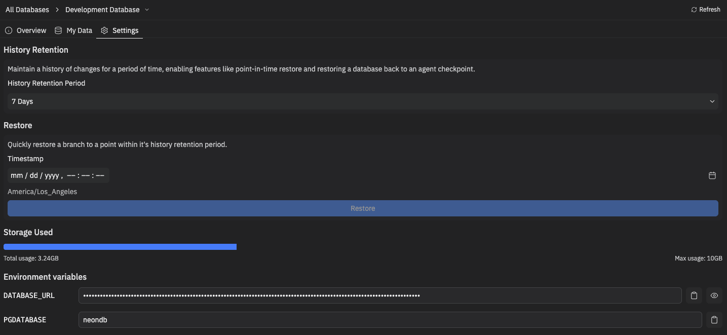 Paramètres de la base de données affichant la valeur DATABASE_URL