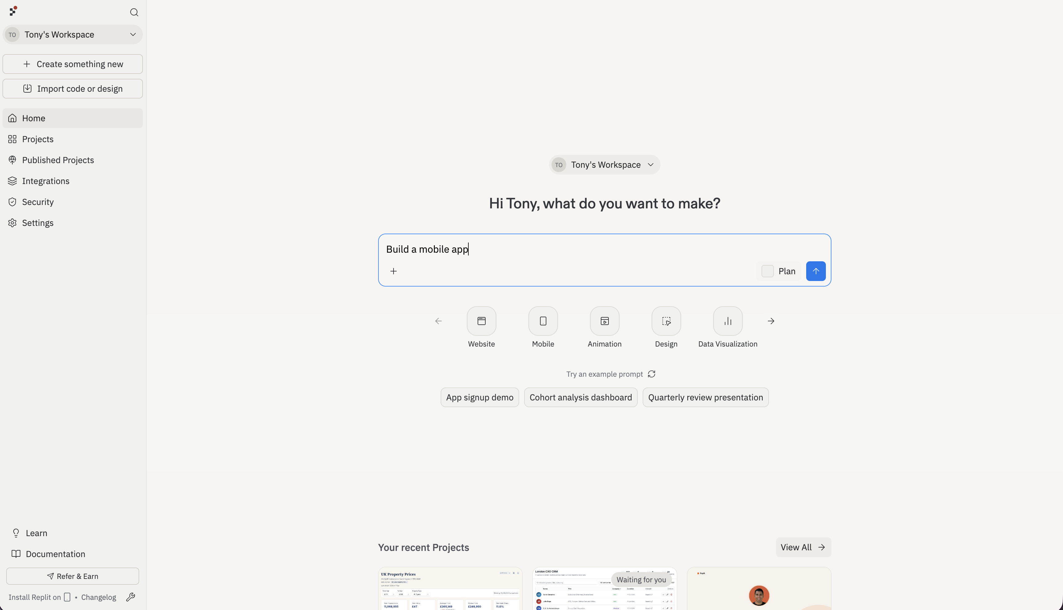 Écran d'accueil Replit avec Application mobile sélectionnée comme type d'application