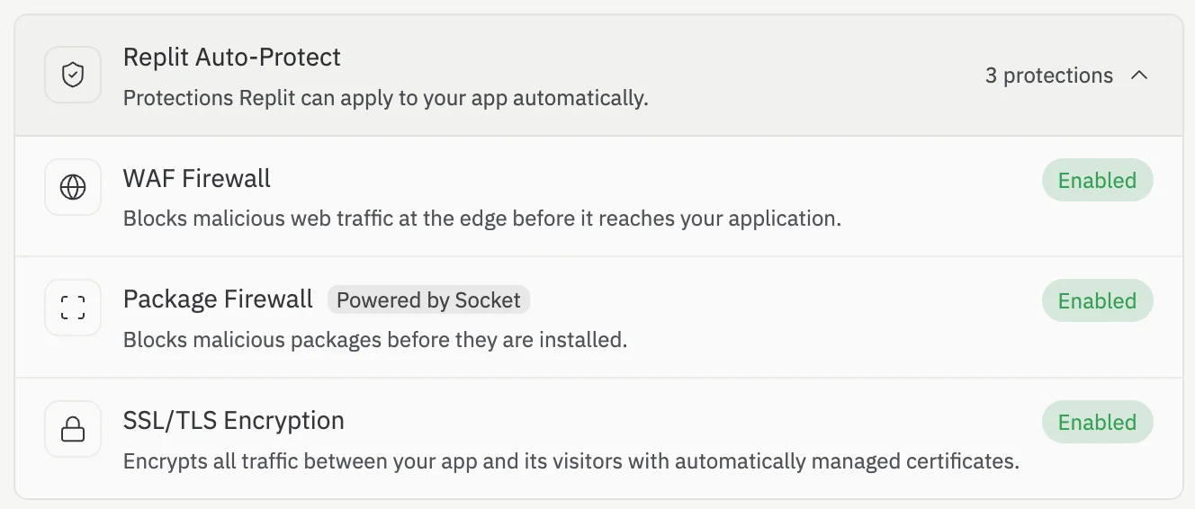 The Replit Auto-Protect panel showing three protections enabled by default: WAF Firewall, Package Firewall powered by Socket, and SSL/TLS Encryption