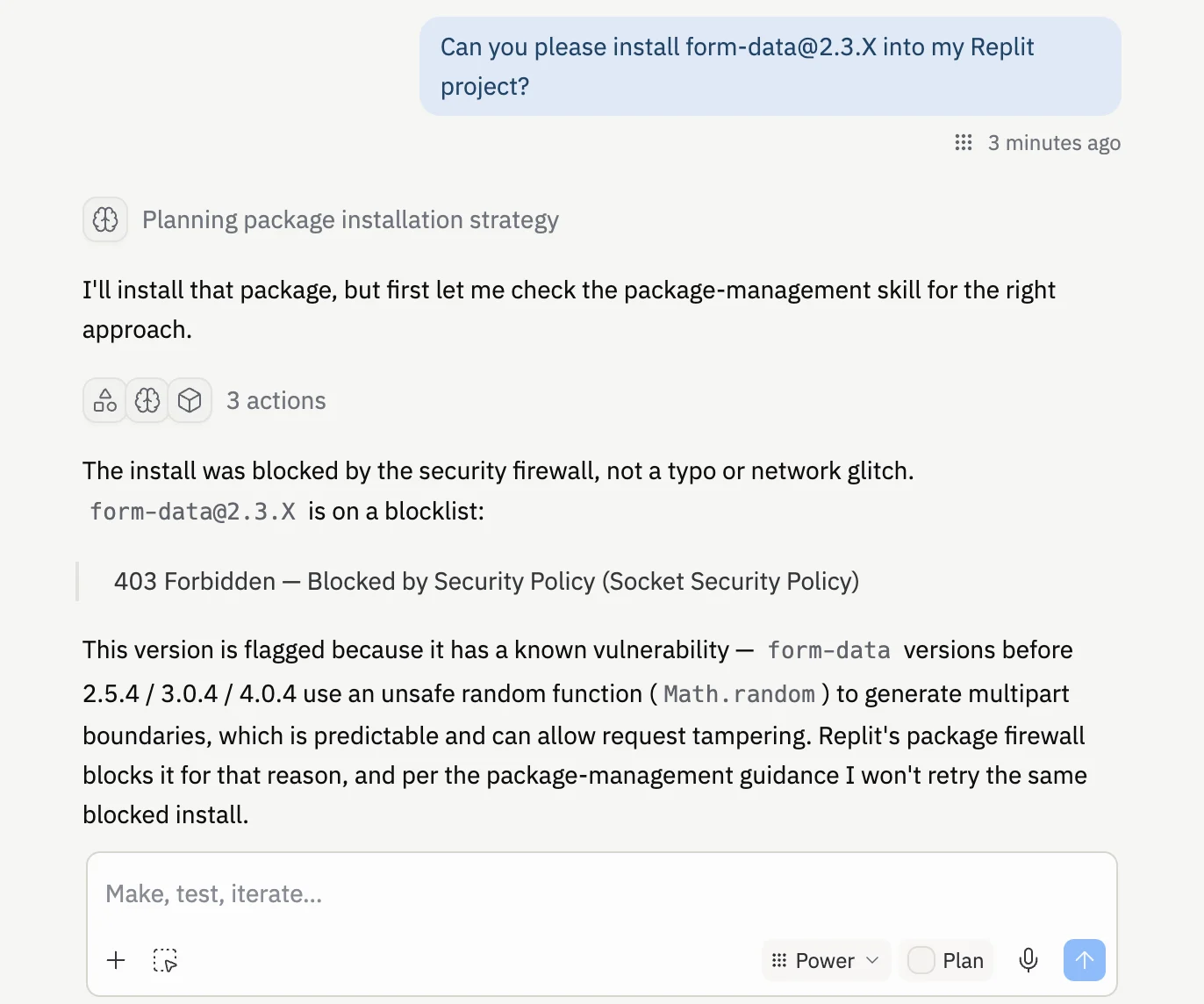 The Agent chat showing a form-data install blocked by Replit's security policy, with an explanation of the package's known vulnerability