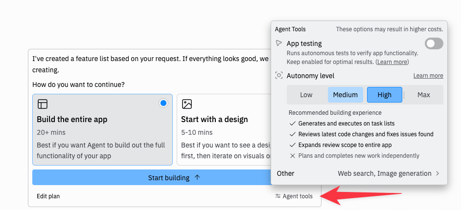 Agent tools dropdown in planning flow