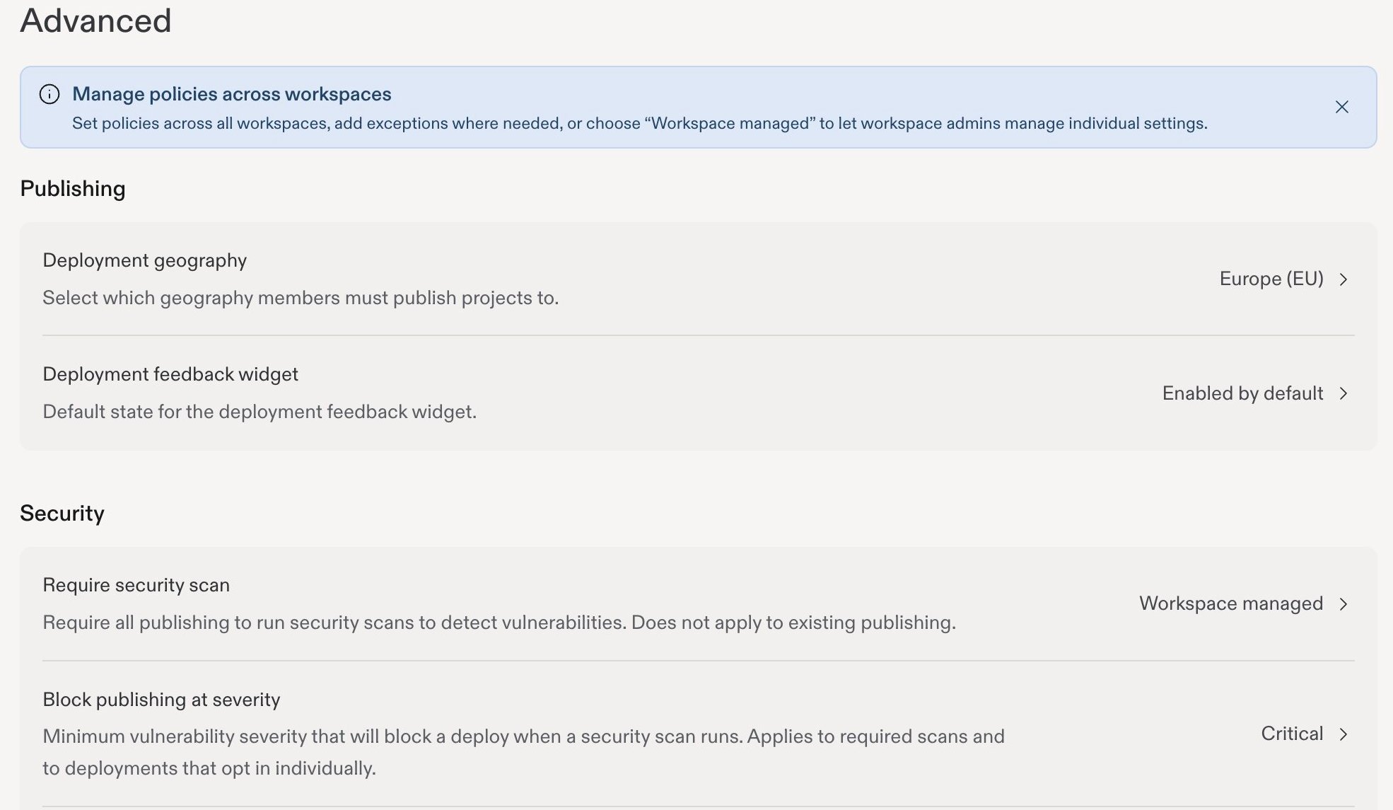 Advanced settings showing publishing and security policies, including Require security scan set to Workspace managed.