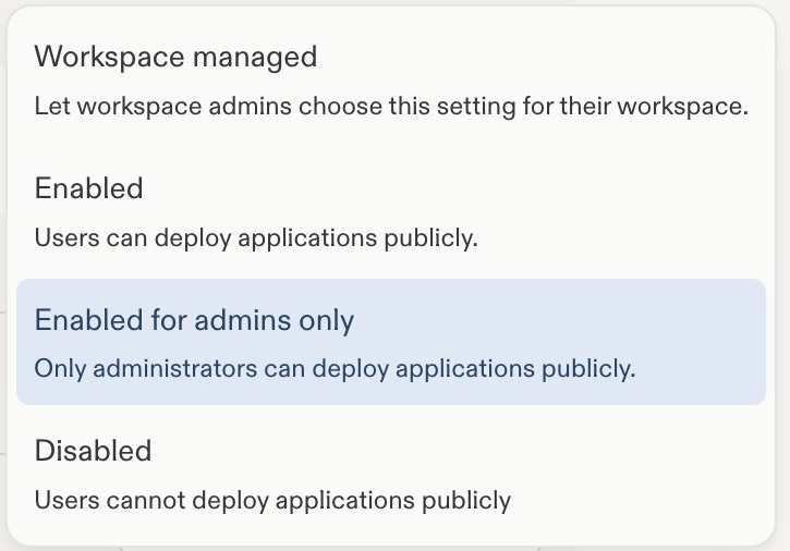 Public deployments options: Workspace managed, Enabled, Enabled for admins only, and Disabled.