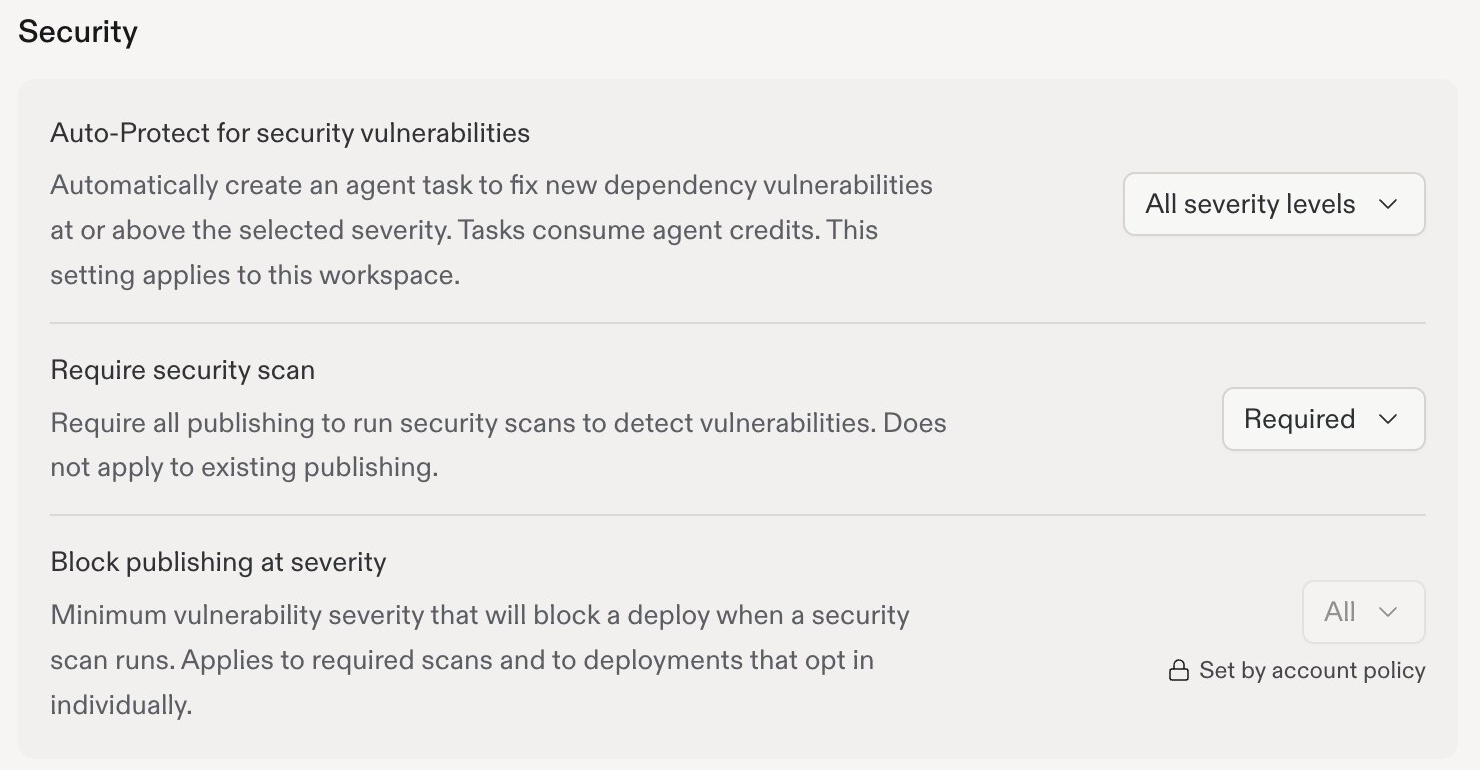 Workspace security settings with editable Auto-Protect and Require security scan controls, and Block publishing at severity labeled Set by account policy.